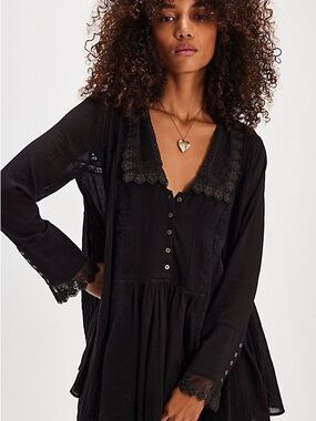 Nwot Free People Black Lace-Trim victorian mini dress